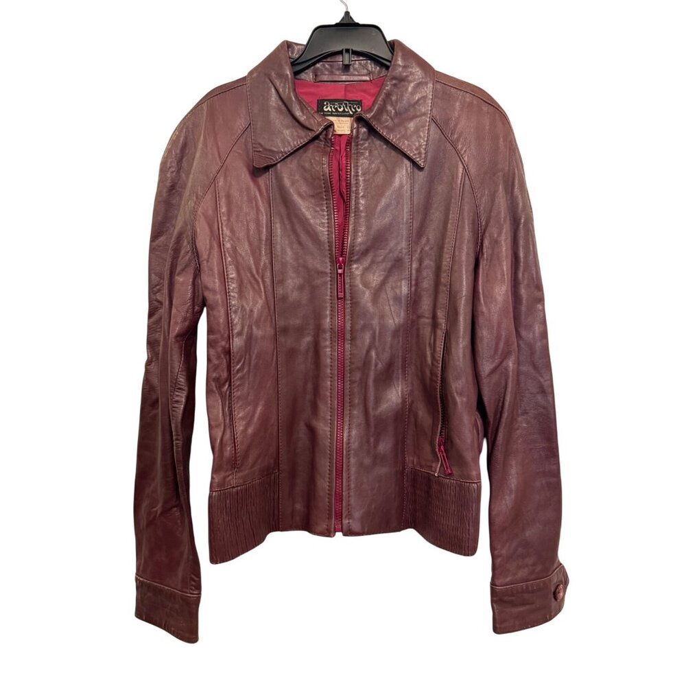 Vintage  Leather Jacket Womens Size 38 Burgundy Full Zip Made In Spain